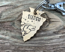 Load image into Gallery viewer, Arrow head dog id tag with wolfhead design
