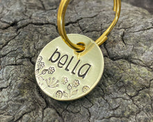 Load image into Gallery viewer, Cute cat name tag, hand stamped leaf and flower design