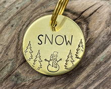 Load image into Gallery viewer, Christmas dog tag, small pet tag with snowman and trees