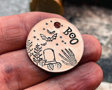 Load image into Gallery viewer, hand-stamped Halloween dog id tag with tombstone and bats