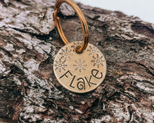 Load image into Gallery viewer, Christmas cat tag, hand stamped with snowflakes
