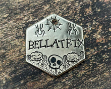 Load image into Gallery viewer, Halloween hexagon dog tag, hand stamped small pet id tag with skull and cobweb design