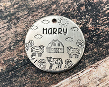 Load image into Gallery viewer, metal pet id tag with sheep, cows and farm for large dogs