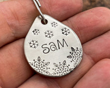 Load image into Gallery viewer, Christmas dog tag, tear drop pet id tag with snowflake design, up to 2 phone numbers