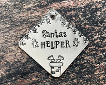 Load image into Gallery viewer, Cute Christmas dog tag, hand stamped square Santa's Helper pet id tag with 2 phone numbers