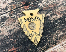 Load image into Gallery viewer, Arrow head dog tag with mountains, moon & trees