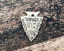 Load image into Gallery viewer, Arrowhead dog tag with mushrooms, cute metal pet id tag double-sided with 2 phone numbers