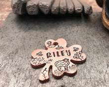 Load image into Gallery viewer, Shamrock pet name tag with sheep, hand-stamped double-sided dog tag with 2 phone numbers