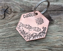 Load image into Gallery viewer, Hexagon dog tag, hand stamped with nautical design, compass & lighthouse