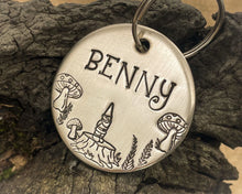 Load image into Gallery viewer, Cute dog id tag with mushrooms and cute gnome on a tree stump
