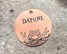Load image into Gallery viewer, Large dog id tag, hand stamped with grumpy owl