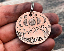 Load image into Gallery viewer, Moon dog tag, hand stamped metal dog id with moon phase and mountain design