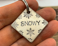 Load image into Gallery viewer, Christmas dog id tag, square pet tag hand stamped with snowflake design