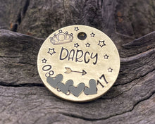 Load image into Gallery viewer, Microchipped dog tag, hand stamped with crown and phone number