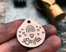 Load image into Gallery viewer, Cute small dog tag, tear drop pet id tag with heart and rainbow design, double-sided dog tag with 2 phone numbers