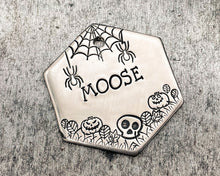 Load image into Gallery viewer, Hexagon dog tag, hand stamped with spooky Halloween design