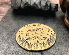Load image into Gallery viewer, Large pet id tag, hand stamped with trees, mountains, moon & stars