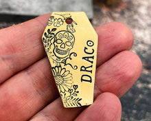 Load image into Gallery viewer, Coffin dog id tag with sugar skull and flower design, double-sided pet id tag with 2 phone numbers