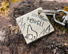 Load image into Gallery viewer, Square dog id tag, small pet tag hand stamped with howling wolf and trees