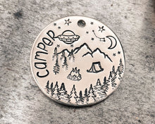 Load image into Gallery viewer, cute dog id tag with UFO, tent and mountains