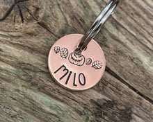 Load image into Gallery viewer, Halloween cat name tag, hand stamped spooky pumpkin and leaves