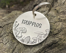 Load image into Gallery viewer, Fall dog tag, hand stamped with mushrooms, leaves and pine cone