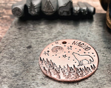 Load image into Gallery viewer, Wolf dog id tag with moon and stars, adventure pet id tag, double-sided pet tag with up to 2 phone numbers