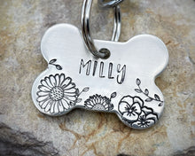 Load image into Gallery viewer, Bone dog id tag, handstamped with flowers