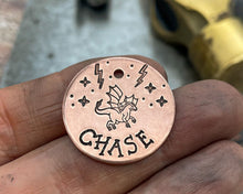 Load image into Gallery viewer, Small dog id tag, hand-stamped with dragon & stars