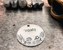 Load image into Gallery viewer, hand-stamped dog tag with camping design