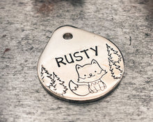 Load image into Gallery viewer, Cute foxdog tag, tear drop pet id tag with trees and fox design, double-sided dog tag with 2 phone numbers