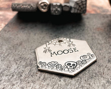 Load image into Gallery viewer, Hexagon dog tag, hand stamped with spooky Halloween design