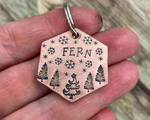 Load image into Gallery viewer, Hexagon dog tag, hand stamped with Christmas design & snowflakes