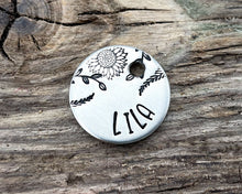 Load image into Gallery viewer, Cat name tag, hand stamped flower design & leaves