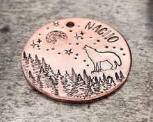 Load image into Gallery viewer, Wolf dog id tag with moon and stars, adventure pet id tag, double-sided pet tag with up to 2 phone numbers