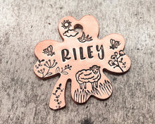 Load image into Gallery viewer, Shamrock pet name tag with sheep, hand-stamped double-sided dog tag with 2 phone numbers