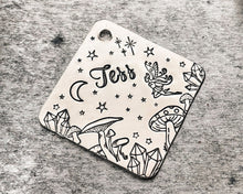 Load image into Gallery viewer, silver dog tag hand-stamped with fairy, crystals, moon and stars