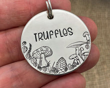 Load image into Gallery viewer, Fall dog tag, hand stamped with mushrooms, leaves and pine cone