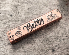 Load image into Gallery viewer, Girl dog tag with flowers, 4-sided bar dog tag, hand stamped microchipped pet id tag