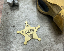 Load image into Gallery viewer, Sheriff star dog tag, hand-stamped double-sided metal dog tag with Highland cow