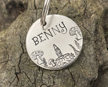 Load image into Gallery viewer, Cute dog id tag with mushrooms and cute gnome on a tree stump