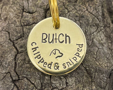 Load image into Gallery viewer, Microchipped dog tag, hand stamped with 'chipped & snipped'