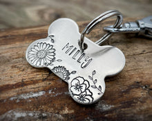Load image into Gallery viewer, Bone dog id tag, handstamped with flowers