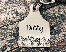 Load image into Gallery viewer, Custom dog id tag, cow ear tag, hand stamped pet id tag with cute cow and flower design