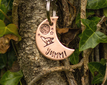 Load image into Gallery viewer, Moon dog tag, hand-stamped with howling wolf & moon