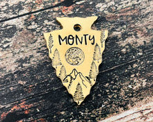 Load image into Gallery viewer, Arrow head dog tag with mountains, moon & trees