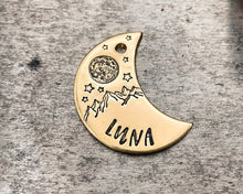 Load image into Gallery viewer, Moon dog tag, hand-stamped with mountains, moon & stars
