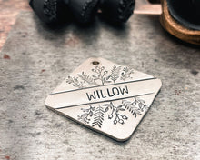 Load image into Gallery viewer, Metal dog tag, hand stamped square boy dog tag with foliage design