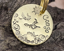 Load image into Gallery viewer, Halloween dog tag with cobwebs and witch