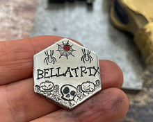Load image into Gallery viewer, Halloween hexagon dog tag, hand stamped small pet id tag with skull and cobweb design